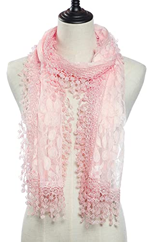 Cindy & Wendy Lightweight Soft Leaf Lace Fringe Scarf Bridal Shawl for Women - color: Peach Pink