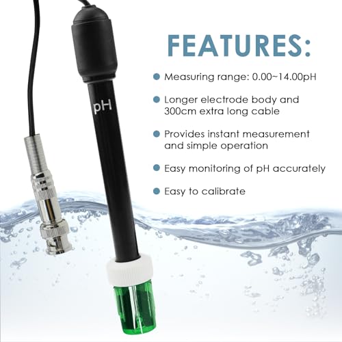 0-14 pH Electrode Probe, pH Meter with Replacement BNC Connector and 300cm Cable Sensor for ph Monitor Controller Tester Meter Kit Set for Aquarium Hydroponics Plant Pool Spa