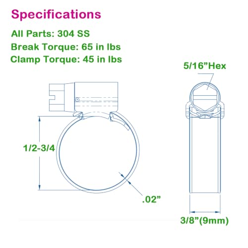 Non-Slip Stainless Steel Worm Gear Hose Clamps 1/2 to 3/4"(12-20mm) | SAE Size 6, 5/16"Hex Head, Soft Hose Protection, Adjustable for Automotive, Fuel Line, Garden, Heater, Radiator, 12Pack - size: SAE#6(1/2 To 3/4)