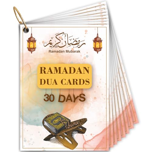 30 Ramadan Umrah Dua Cards, Islamic Muslim Quran Dua Cards, Muslim Ramadan Gift for Men and Women, Arabic Dua Reminders Cards with Transliteration and Explanations (watercolor)
