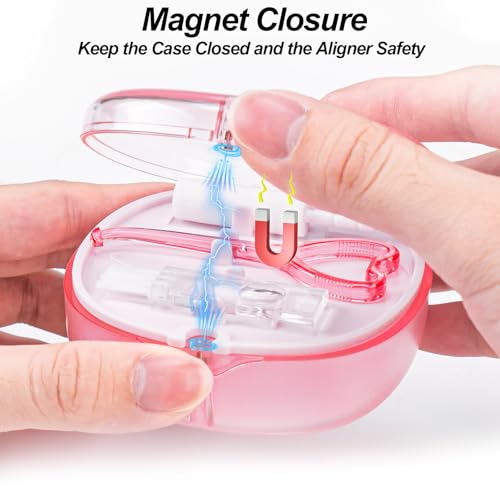 Pink Aligner and Retainer Case Double-layer Cute Slim Braces Night Mouth Guard Case with Remover Tool, Chew and Cleaning Brush, Built in Mirror Orthodontic Dental Retainer Container - color: Transparent Pink