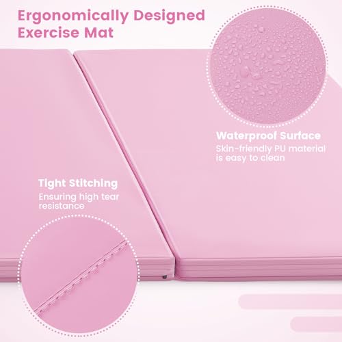 Goplus Folding Gymnastics Mat, 10’ x 4’ x 2’’ Thick Tumbling Mats with PU Leather, Hook & Loop Fasteners, Portable Handles, 4-Panel Exercise Mat for Home Gym Workouts, Yoga - color: Pink