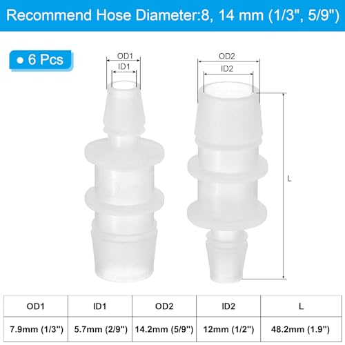 PATIKIL 1/3" to 5/9" 6 Pcs Plastic Hose Barb Fittings, Reducer Tube Fittings Pipe Adapter Union Splicer Joint Kit for Air Gas Water System Liquid Fuel Line Aquarium Tube Pump - size: 1/3"-5/9",(0.77"x1.9")