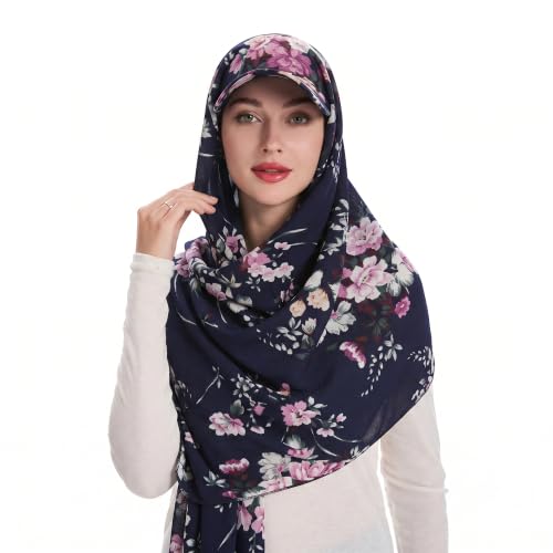 ZLYC Women Muslim Hijab Scarf with Visor Built-in Undercap Sun Protection Headwrap - color: Floral Navy