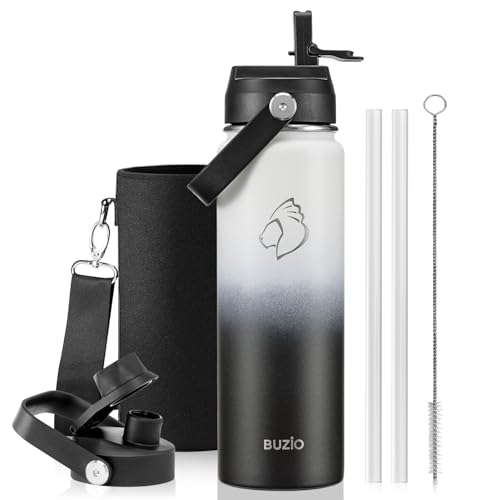 BUZIO 24 oz Water Bottle Insulated, Leakproof Stainless Steel Flask (Cold for 48 Hrs), Wide Mouth BPA-Free Metal Thermo Hydro Canteen with 2 Lids, Day & Night - color: Day & Night, size: 24 Ounces