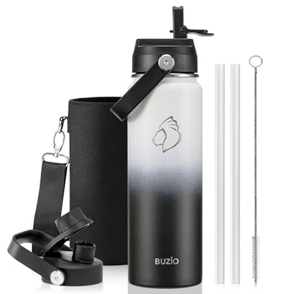 BUZIO 24 oz Water Bottle Insulated, Leakproof Stainless Steel Flask (Cold for 48 Hrs), Wide Mouth BPA-Free Metal Thermo Hydro Canteen with 2 Lids, Day & Night - color: Day & Night, size: 24 Ounces