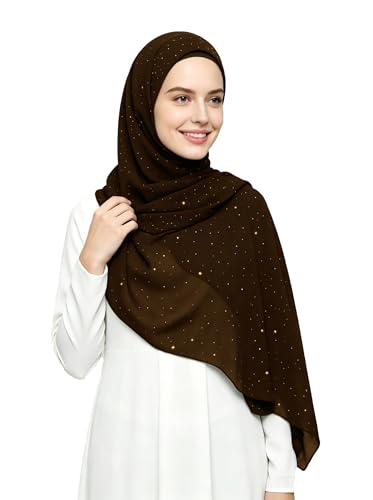 Lina & Lily Sparkle Shimmer Gold Glitter Women's Chiffon Hijab Head Scarf Shawl Wrap Lightweight - color: Dark Brown
