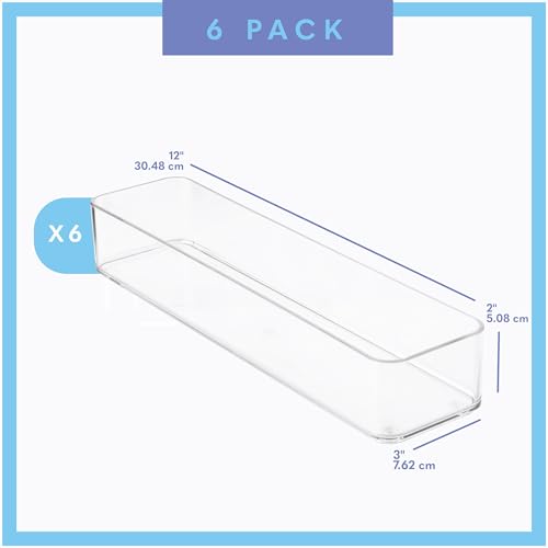 primebox Plastic Clear Drawer Organizers. Bathroom, Kitchen, Bedroom, Gadgets, Office Organizer Bins, Storage Trays. Heavy Duty, Stackable. 12" x 3" x 2" Set of 6 - size: 12" x 3" x 2"
