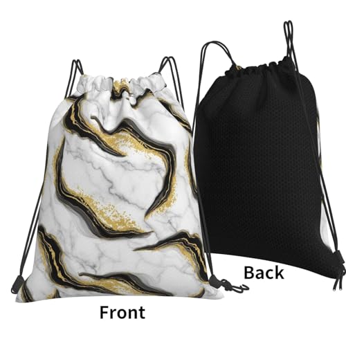 Water Resistant Gym Sack, Gold Black And White Marble, Drawstring Backpack with Zipper Pocket for Workout and Training - color: Pattern (376)