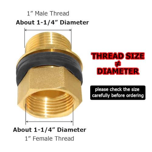 Hooshing Brass Bulkhead Fitting 1“ Male x 1" Female Thread Water Tank Connector for Rain Barrels, Aquariums, Tubs, Pools - size: 1 Inch