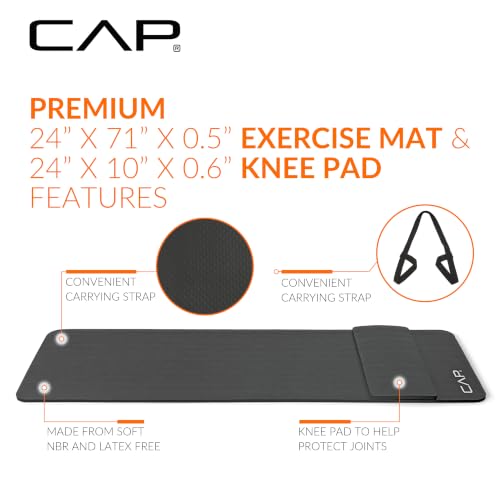 CAP Barbell 1/2-Inch High Density Exercise Yoga Mat with Strap | Multiple Options - color: Black, style: Yoga Mat w/Knee Pad