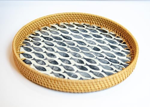 Magenta & Teal Round Rattan Serving Tray with Mother of Pearl Inlay, Wicker Coffee Table Decor, Farmhouse Style (Navy Fish) - color: Navy Fish