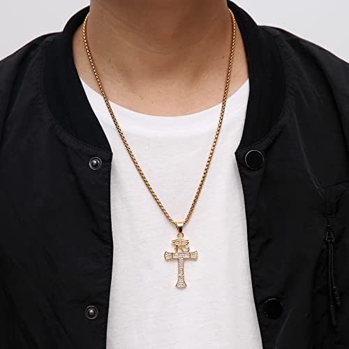 HZMAN CZ Eye of Horus Egypt Protection Pendant Coptic Ankh Cross Religious Stainless Steel Necklace - color: Gold-New