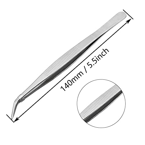 5.5 Inch Bent Tip Long Forceps Tweezers, Serrated Flat Tips Precision Curved Surgical Tongs Jewelers Needle Metal Sewing Sharp Kitchen Cooking Tweezers With Teeth Knurled Handles (1PCS-140mm) - color: Bent-1pcs-5.5inch