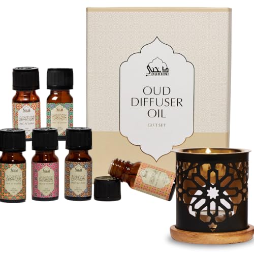 Dukhni Oud Essential Oil Diffuser Blend & Candle Burner | 6 x 10ml Arabic Oils with Diffuser| Relax with Home Aromatherapy, for Relaxation, Massage & Candle Making, Islamic Gift