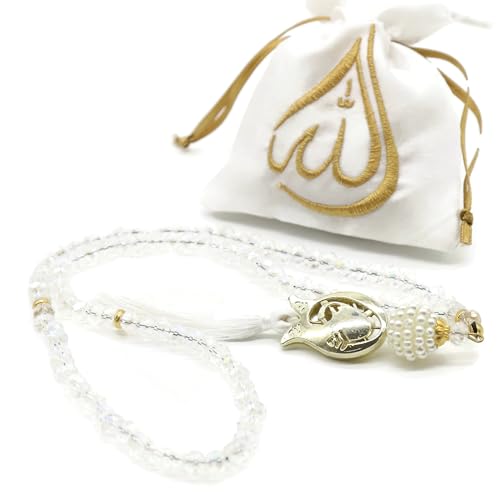 Muslim Tasbih 99 Rosary Beads with Pouch - Islamic Prayer Beads, Muslim Rosary Beads, Zikr Beads, Tasbeeh, Misbaha, Masbaha, Tespih, Bead Necklace for Women TS0206 - color: White