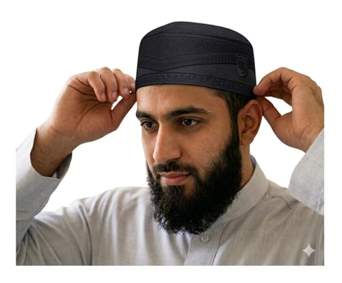Al-Ameen Muslim Gift Muslim Kufi Hat for Men AMN-004 Islam Cap Unique Design Beanie Round Topi Headwear Ramadan Eid Gift - color: Black, size: XX-Large