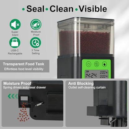 Lychee Automatic Fish Feeder USB Rechargeable 320ML Large Capacity Aquarium Fish Food Dispenser with Two Feeding Ring, Moisture-Proof-Aquarium Electric Timer Feeder for Vacation Business Trips