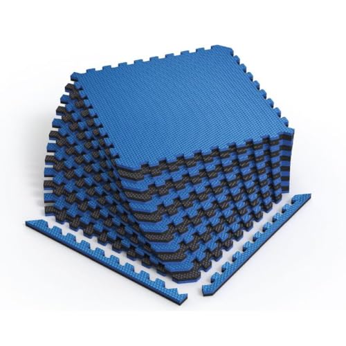 Reversible Gym Exercise Mats 3/4" Thick EVA Interlocking Foam Tiles, Perfect Home Gym Flooring, 36 Tiles & 72 Trim Pieces, 144 Sq. Ft. Reversible, Dazzling Blue/Black - color: Dazzling Blue/Black, size: 36 Tiles - 144 Sq. Ft.