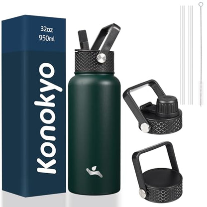 Konokyo 32 oz Insulated Water Bottle Stainless Steel Sport Bottles with 3 Lids,Army Green - color: Army Green, size: 32 Ounces