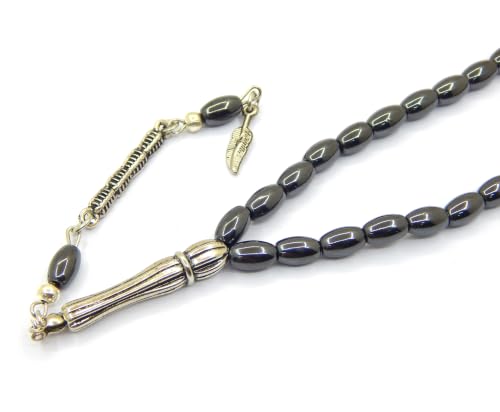 Perlin Muslim Prayer Beads 33 Bead Black Hematite Tasbih – Islamic Misbaha Subha Dhikr Beads with Mini 8 x 4 mm Oval Hematite Gemstone Beads, Ottoman Style Prayer Rosary with Metal Imam, 25 cm