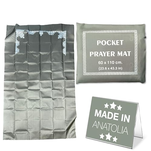 Hakan Portable Travel Praying Mat, Muslim Prayer Rug, Foldable Prayer, Pocket Size Waterproof Praying Rug with Iron Corners, Ramadan Eid Gift | 23.6 in x 43.3 in, Grey