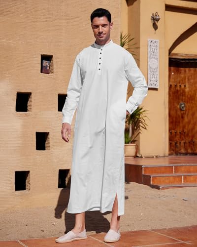 YAOHUOLE Muslim Thobe for Men Button down Mens Caftans Big and Tall Mens Arab Thobe with Pocket - color: White, size: Medium