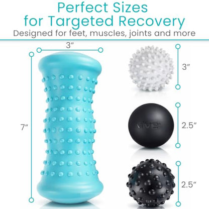 Vive Massage Ball Set (4 Piece) - Plantar Fasciitis Relief Foot Pain Hot Cold Therapy - Heel Spur, Sore Muscle, Trigger Point, Back, Arm, Neck, Shoulder, Leg Circulation Roller