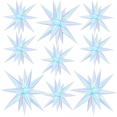 9Pcs Iridescent Star Balloons, Clear Spike Foil Balloons Mermaid Party - color: Iridescent