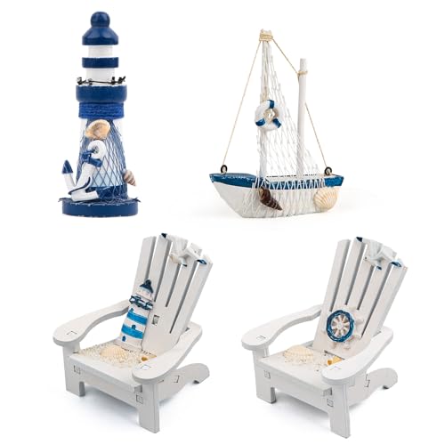JQAQJU 4" Wooden Beach Chair Lighthouse Sailboat, 4pcs Nautical Home Decor | Beach Ocean Ornament for Summer Bathroom Bedroom Kitchen, Nautical Decoration for Office Desk