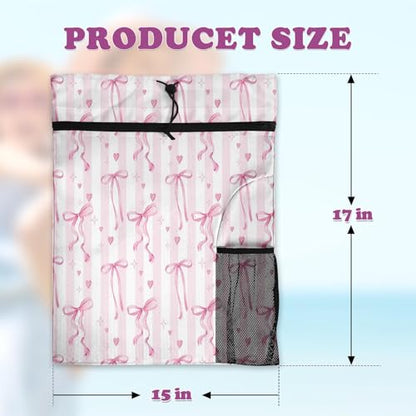 Pink Ribbon Bow Drawstring Backpack, 15” x 17” Waterproof Swim Bag for Beach Swimming Pool, Lightweight Foldable Gym Bag with Water Bottle Holder for Sports Travel - color: Pink Bows Stripes