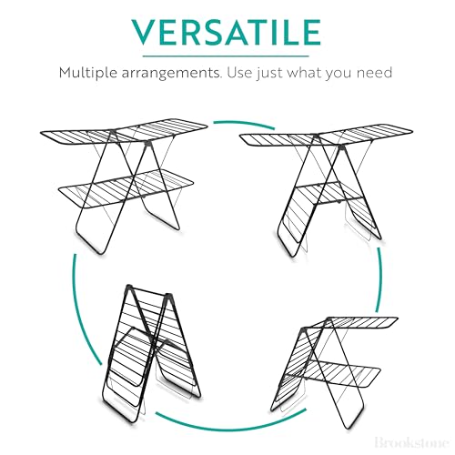 Brookstone 2 Tier Folding Rack - Indoor/Outdoor Collapsible Clothes Dryer Stand Laundry or Shoe Rack, Heavy Duty Freestanding Garment Hanger, Foldable, Clothing Drying Rack, Black - color: Black