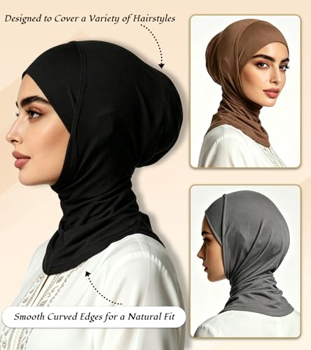 3 Pcs Modal Hijab Cap for Women, Muslim Inner Undercap Bonnet, Stretchy Turban Underscarf with Full Coverage for Daily Wear - color: Black + Dark Grey + Dark Khaki