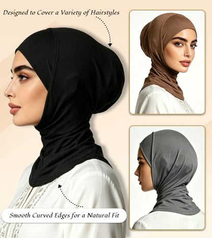 3 Pcs Modal Hijab Cap for Women, Muslim Inner Undercap Bonnet, Stretchy Turban Underscarf with Full Coverage for Daily Wear - color: Black + Dark Grey + Dark Khaki