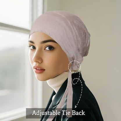 5Pcs Islamic Muslim Under Hijab Cap Inner UnderScarf for women Inner Under Scarf Hat Hijab Cap with Tie Back Closure - color: Black\blue\white\beige\khaki