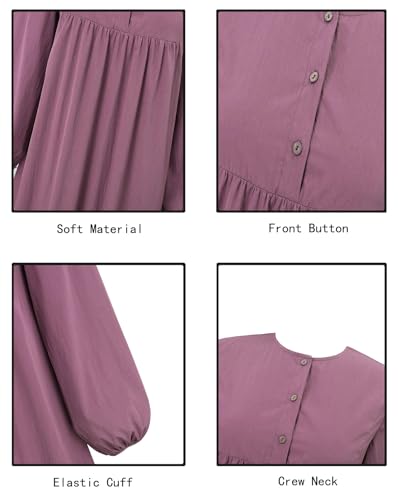 Womens Abaya Muslim Prayer 2 Pockets Long Sleeve Front Button Maxi Dresses Casual Islamic Clothes - color: Mauve, size: Small