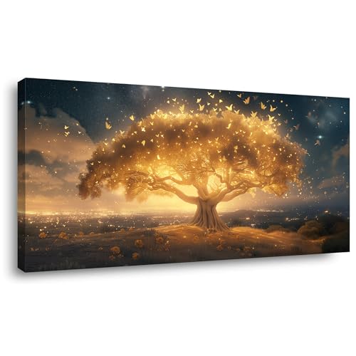 Palderwallart Beautiful Fantasy Tree of Life Landscape Wall Art for Living Room Office Nature Scenery Gold Painting Prints Sunrise Scenic Canvas Artwork Over the Couch Dining (20x40 Inches) - color: Golden Tree Wall Art (Y852), size: 40"L x 20"W
