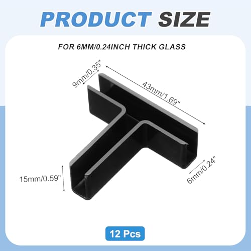 uxcell 12Pcs Plastic Glass Connector, t Shaped Glass to Glass Clamp for 6mm Thick, Fixing Bracket Rimless Clip Holder for Aquarium Fish Tank Display Shelves, (6mm, Black) - size: 6mm