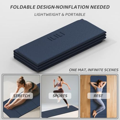 ILILI Foldable Yoga Mat 71 * 24 * 0.3 Inch | Lightweight TPE Non Slip Exercise Mat, Waterproof Portable Fitness Mat for Home Gym, Pilates, Stretching & Daily Workouts - color: Dark Blue