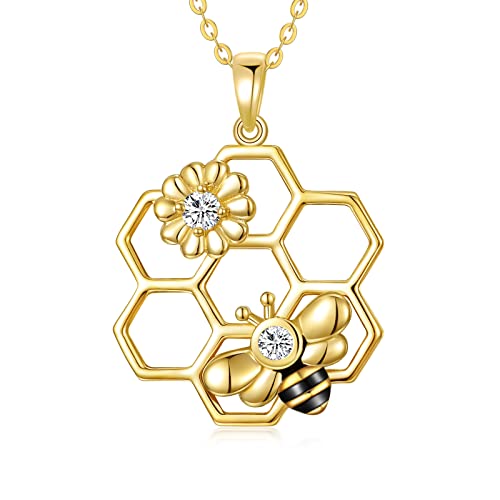 KECHO Gold Bee Necklace Gifts for Mom Women 14k Yellow Gold Honeycomb Honey Bee Pendant Necklaces Love Heart Jewelry Gifts for Women Her Wife - style: C Style-Bee Necklace