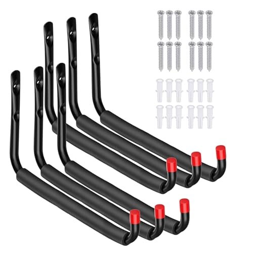 6 Pack Garage Hooks Heavy Duty, Utility Steel Hooks with EVA Foam Padding, 15inch Wall Mount J Organizer Hanger for Hanging Bikes Kayak Garden Tool Hose Bike Shelf - size: 15inch