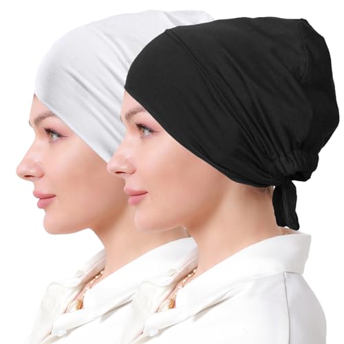 Women Under Hijab Cap Islamic Underscarf Turbans for Women Solid Color Hijab Bonnet Caps Muslim Scarf Inner Cap - color: Black+white