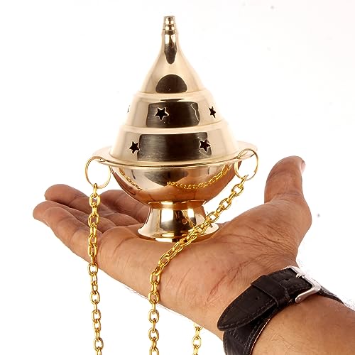 Brass Hanging Incense Censer with Chain for Charcoal, 4.5 Inch High - color: Brass