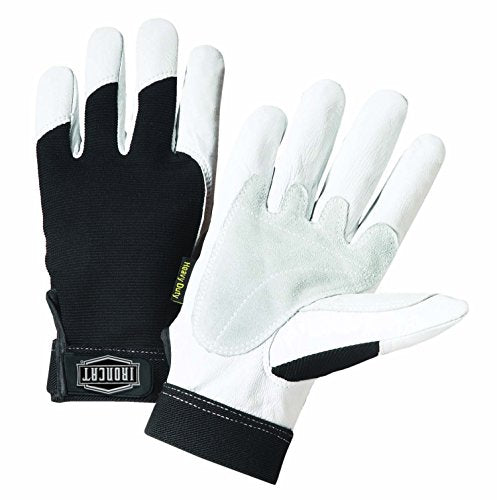 Ironcat Heavy Duty Top Grain Goatskin Leather Glove with Spandex Back, Reinforced Palm, Hook & Loop Closure, White/Black - size: X-Large