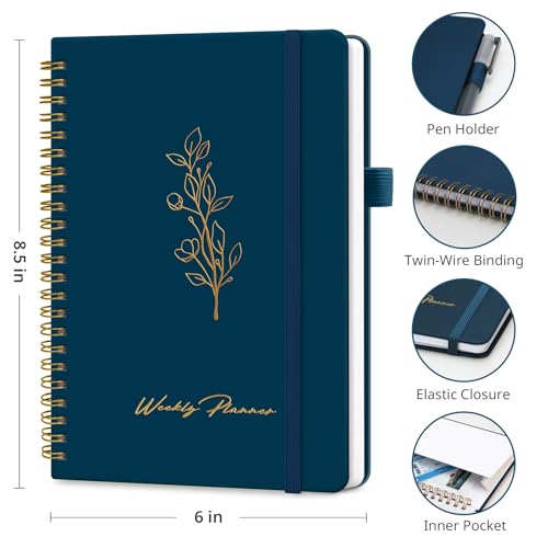 Taja Undated Weekly Planner, Weekly To Do List Notebook with Goal & Habit Tracker Organizer, A5 Weekly Planner Notebook with Spiral Binding, 6.1" x 8.2" - Navy - color: i.Navy