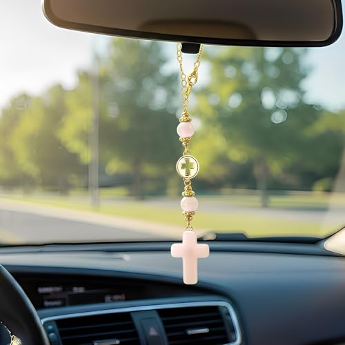 Cross Crystal for Rear View Mirror, Car Mirror Hanging Accessories, Cute Car Charm, Car Decoration Cross Ornament Christian Gift for Women, Car Decor Drive Safe Gift for Drivers (1, Pink) - color: Pink