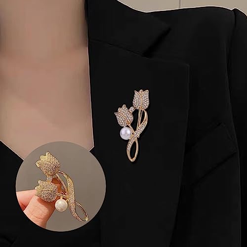 Crystal Pearl Flower Brooches Pins Fashion Beautiful Created Rhinestone Floral Brooch Good Idea for Party Dance Wedding Banquet for Elegant Women Girl - color: Gold Tulip