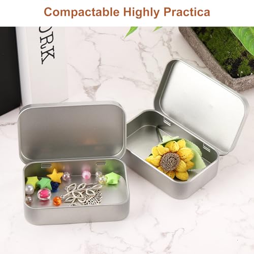 Metal Tin Box Containers, 2Pcs 3.7x2.4x0.9 Inch Silver Rectangular Metal Hinged Tin Box Mini Portable Storage Container Kit with Lid for Home Storage