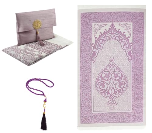 Prien Muslim Prayer Rug with Tasbih and Portable Bag, Muslim Gift for Women Men, Mubarak Islamic Box, Soft Mat Islam Gifts Set, Turkish Sajadah for Ramadan, Eid, Hajj, Travel, Pray (Lilac) - color: Lilac