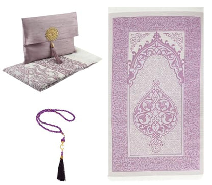 Prien Muslim Prayer Rug with Tasbih and Portable Bag, Muslim Gift for Women Men, Mubarak Islamic Box, Soft Mat Islam Gifts Set, Turkish Sajadah for Ramadan, Eid, Hajj, Travel, Pray (Lilac) - color: Lilac